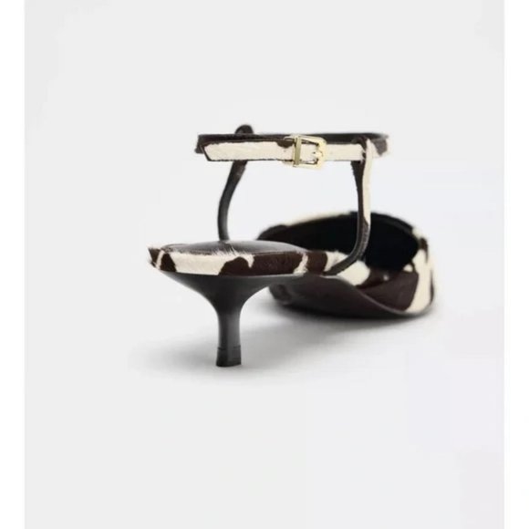 ZARA FUR TRIMMED LEATHER SLINGBACK KITTEN HEELS - Picture 4 of 5
